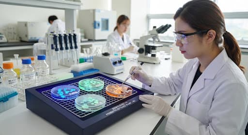 Microbiology laboratory petri dishes with probiotic micro-encapsulated colonies
