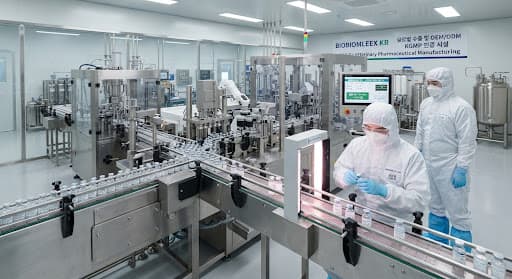 An immaculate modern veterinary pharmaceutical manufacturing plant in South Korea with stainless steel high-speed robotic bottling conveyors