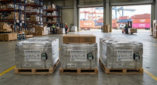 Pallets of veterinary biotechnology wrapped in thermal foil